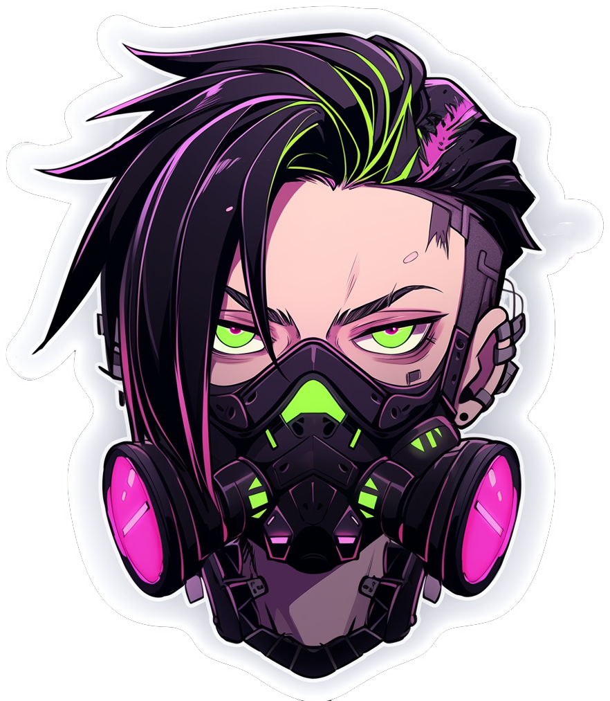 Stylized character with a gas mask featuring pink and green accents on a white background