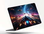 Laptop with a space-themed design on a white background